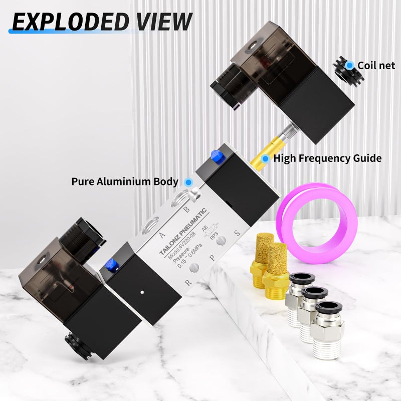TAILONZ PNEUMATIC Solenoid Valve 4V220-08 DC24V 1/4"NPT Double Coil Pilot-Operated Electric 2 Position 5 Way Connection Type - Image 4